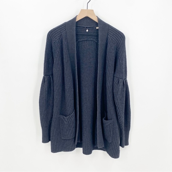 Anthropologie Knitted & Knotted Charcoal Gray Ribbed Knit Open Cardigan Sweater - Picture 1 of 6